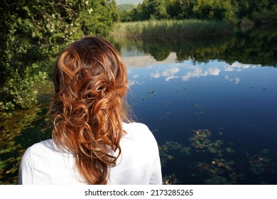 Young Lady With New Hairstyle. Lake View, Horizon.