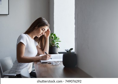 Young Lady Philosophy Student Taking A Class Studying Basics In A Public Library Near Bright Window. Education Concept.