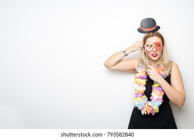 Young Lady Poses On Plain Background Photo Booth Funny Props Smile Hat  