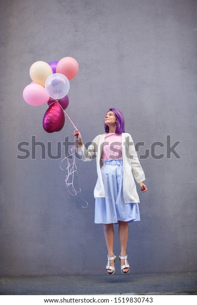 Young Lady Purple Hair White Cardigan Stock Photo Edit Now