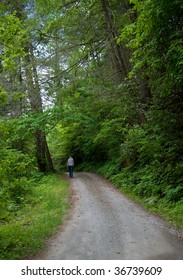 Young Lady walking down forest trail.