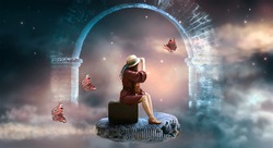 Young Lady Woman In Retro Dress And Hat Sitting On Suitcase And Flies On Ammonite Fossil Through Space And Universe, Idyllic Fantasy Scene With Ghost Arch Ruins And Butterflies, Travel Around World.