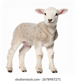 A young lamb stands facing the camera, isolated on a pure white background. Its wool is light beige.