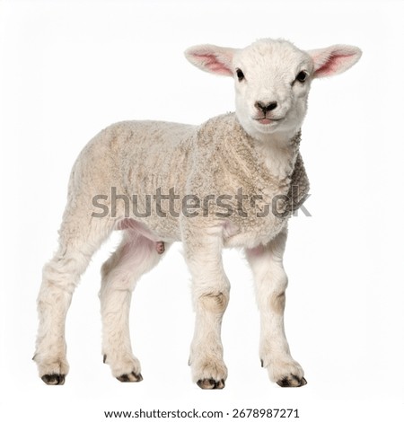 A young lamb stands facing the camera, isolated on a pure white background. Its wool is light beige.