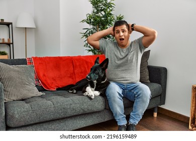 Young Latin Man And Dog Sitting On The Sofa At Home Crazy And Scared With Hands On Head, Afraid And Surprised Of Shock With Open Mouth 