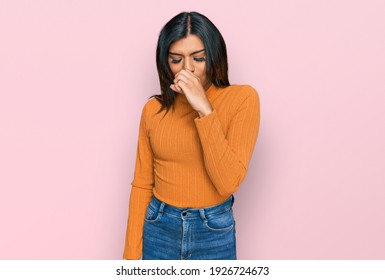 Young Latin Transsexual Transgender Woman Wearing Casual Clothes Feeling Unwell And Coughing As Symptom For Cold Or Bronchitis. Health Care Concept. 