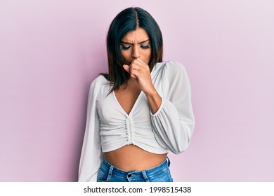 Young Latin Transsexual Transgender Woman Wearing Casual Clothes Feeling Unwell And Coughing As Symptom For Cold Or Bronchitis. Health Care Concept. 