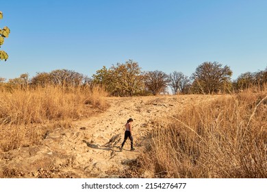 Young Latina Woman Hiking Alone Following Stone Path.