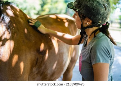 Young Latina Woman Rider Combing Her Horse In A Barn