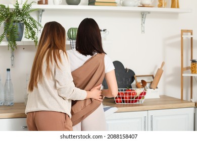 Young Lesbian Couple Cooking Dinner In Kitchen