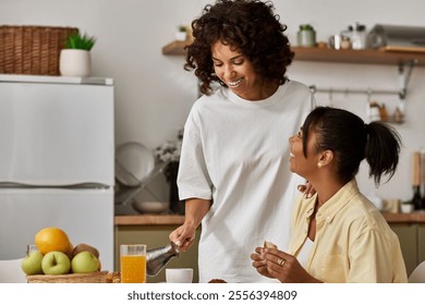 A young lesbian couple enjoys a delightful breakfast experience together, smiling and connecting. - Powered by Shutterstock