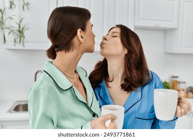 A young lesbian couple enjoys their morning coffee together, showcasing love and affection in their shared space. - Powered by Shutterstock