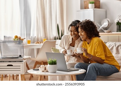 A young lesbian couple shares laughter and coffee while working on their laptop together. - Powered by Shutterstock