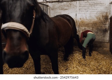 Young little teenager kid girl cleaning horseshoe hoof picking brush tools chestnut horse at stable ranch. Horse ride school farm life. Cute little blond girl kid  care brown horse. Equine hobby work - Powered by Shutterstock