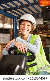 Young logistics. Woman on the forklift in training to the forklift driver