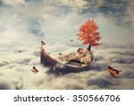 Young lonely beautiful woman drifting on a boat above clouds. Dreamy screensaver with skyline background 