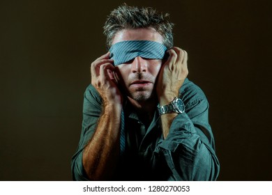 Young Lost Confused Man Blindfolded Necktie Stock Photo 1280270053 