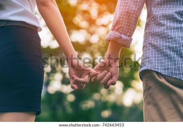 秋の公園を歩く若い恋人夫婦が 夕日の光を見ながら手をつないでいる 若い恋愛カップルは小指で約束したり小指で誓ったりする の写真素材 今すぐ編集