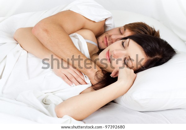 Young Lovely Beautiful Couple Lying Sleeping Stockfoto