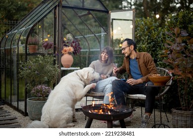 Young lovely couple having fun spending evening time with a dog during romantic and atmospheric dinner by the fire at beautiful and cozy backyard - Powered by Shutterstock