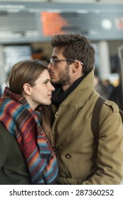 A Young Loving Couple Saying Goodbye In A Station