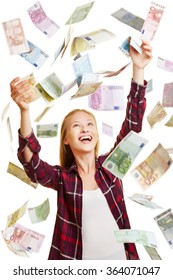 Young Lucky Woman Catching Money In Rain Of Euro Bills