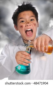 Young Mad Scientist Mixing Chemicals Isolated Over White Background