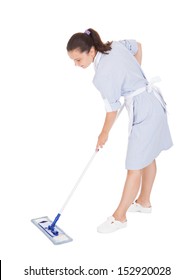 Young Maid Cleaning Floor With Mop On White Background