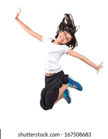 Young Malay Asian Girl Jumping Over White Background