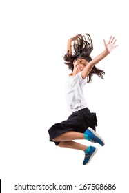 Young Malay Asian Girl Jumping Over White Background