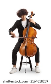 Young male artist sitting on a chair and playing a contrabass isolated on white background