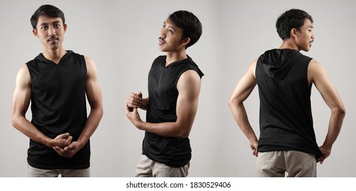 Young male in blank black Tanktop, front and back view, isolated white background. Design men tshirt template and mockup for print