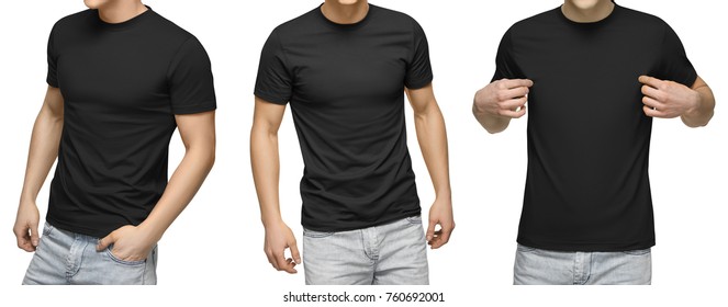 Young male in blank black t-shirt, front and back view, isolated white background with clipping path. Design men tshirt template and mockup for print. - Shutterstock ID 760692001