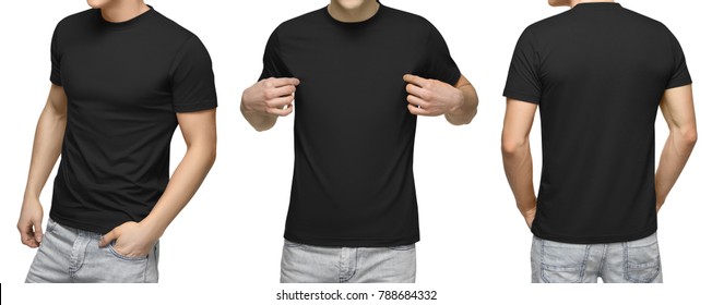 Young male in blank black t-shirt, front and back view, isolated white background with clipping path. Design men tshirt template and mockup for print.