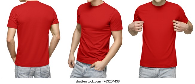 Young Male In Blank Blue T-shirt, Front And Back View, Isolated White Background With Clipping Path. Design Men Tshirt Template And Mockup For Print.