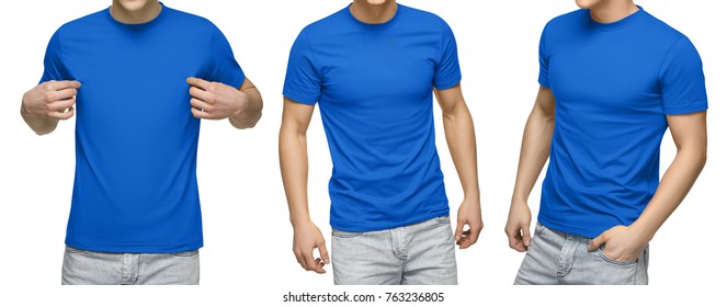 Young Male In Blank Blue T-shirt, Front And Back View, Isolated White Background With Clipping Path. Design Men Tshirt Template And Mockup For Print.