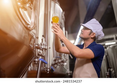 A young male brewer holds a beer glass in his hand and is inspecting craft beer to check the flavor and color of the beer in the brewery industry. - Powered by Shutterstock