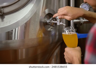 A young male brewer works in a brewery. Checking the quality of the beer along with tasting the beer flavor and color. in the brewery industry - Powered by Shutterstock