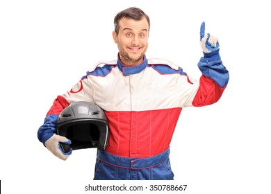 Young Male Car Racer Holding A Helmet And Having An Idea Isolated On White Background