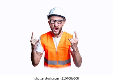 Young Male Construction Worker Showing Rocker Goat Sign On Light Background 