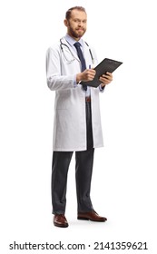 Young male doctor holding a clipboard and looking at camera isolated on white background - Shutterstock ID 2141359621