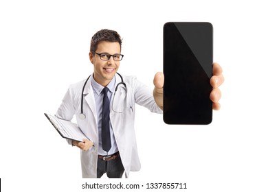 Young Male Doctor Holding A Mobile Phone In Front Of The Camera Isolated On White Background
