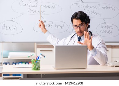 Young male doctor neurologist in front of whiteboard 