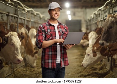 Young Male Farmer In A Shirt Holding A Laptop Computer And Looking At The Camera Inside A Cowshed