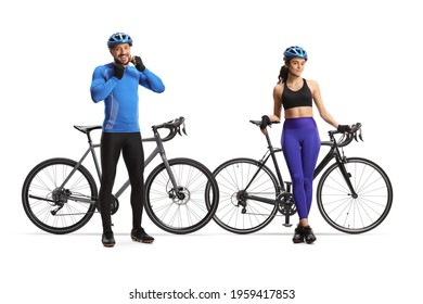 Young male and female cyclists leaning on their bikes isolated on white background - Powered by Shutterstock