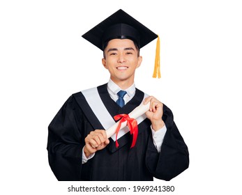 Young Male Graduate Holding  Diploma Isolated On White Background