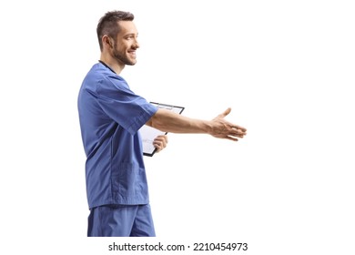 Young Male Health Worker Greeting With Hand Isolated On White Background