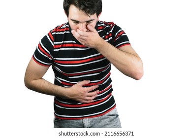 A Young Male Holding His Belly With One Hand And The Mouth With The Other Throwing Up From Food Poisoning With A White Background