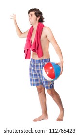 Young Male Holding Towel And Beach Ball On White Background