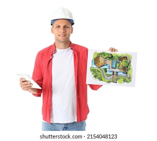 Young Male Landscape Designer With New Project And Tablet Computer On White Background